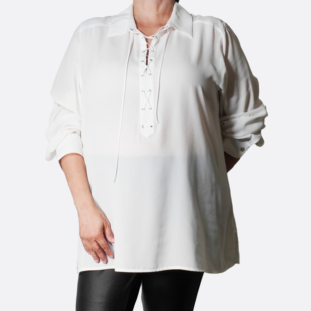 Foxcroft Lace Up Grommet 2X 18 20 Ivory Georgette Blouse Tall‎ Friendly